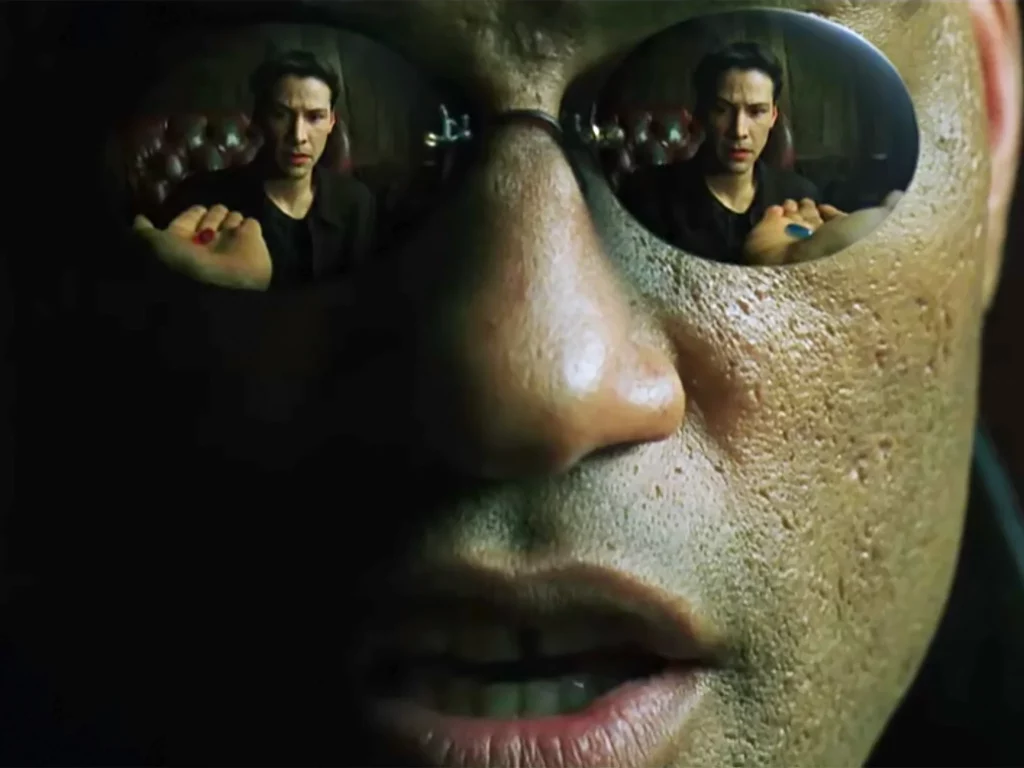 matrix morpheus with red and blue pills